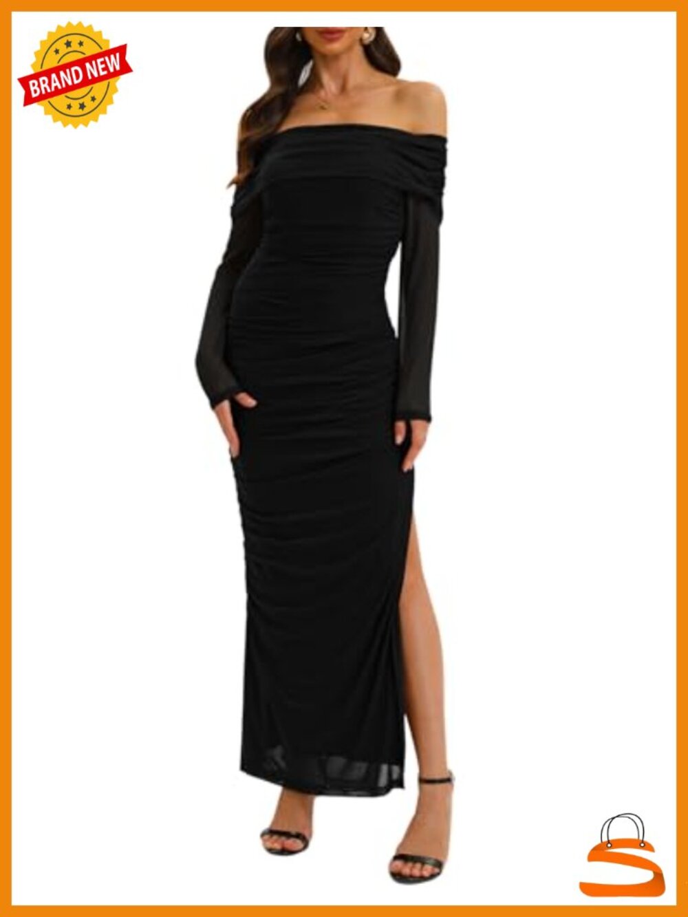 Off Shoulder Long Sleeve Bodycon Mesh Maxi Dress High Slit Formal